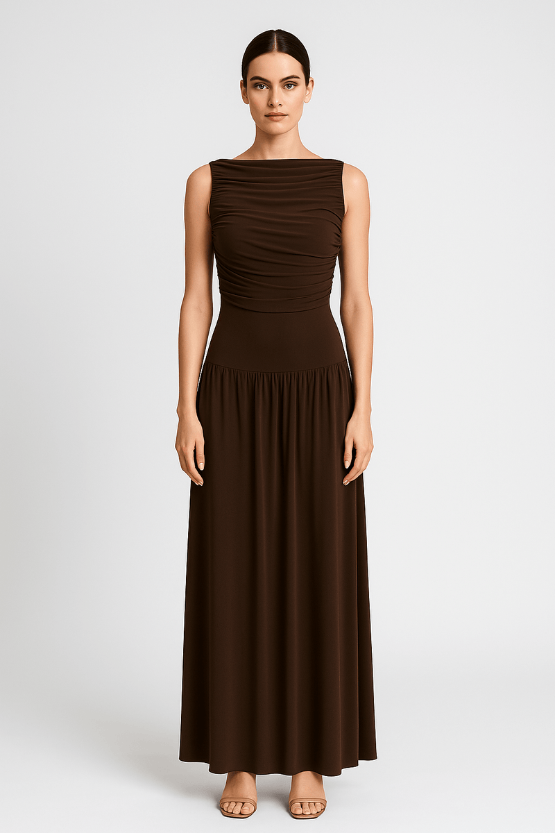Draped Bodice Jersey Flowy Skirt Style Evening Dress