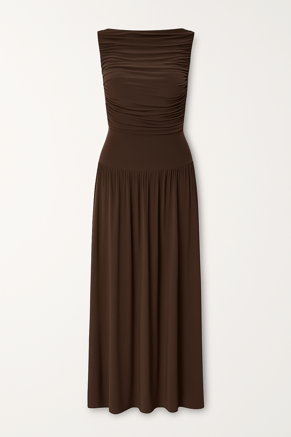 Draped Bodice Jersey Flowy Skirt Style Evening Dress
