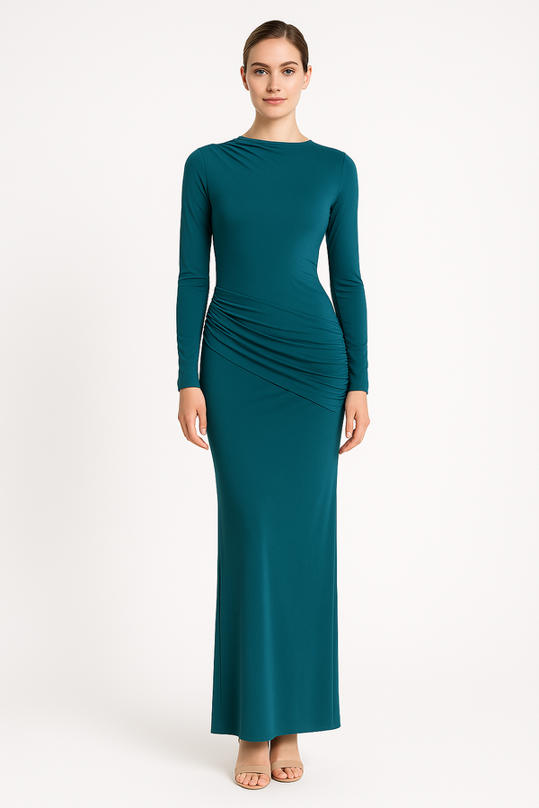Side Ruching Bodycon Full-Sleeve Jersey Evening Gown