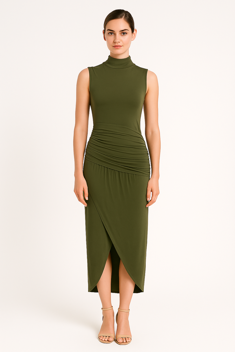 Ruched Slim Fit Jersey Sleeveless Midi Dress