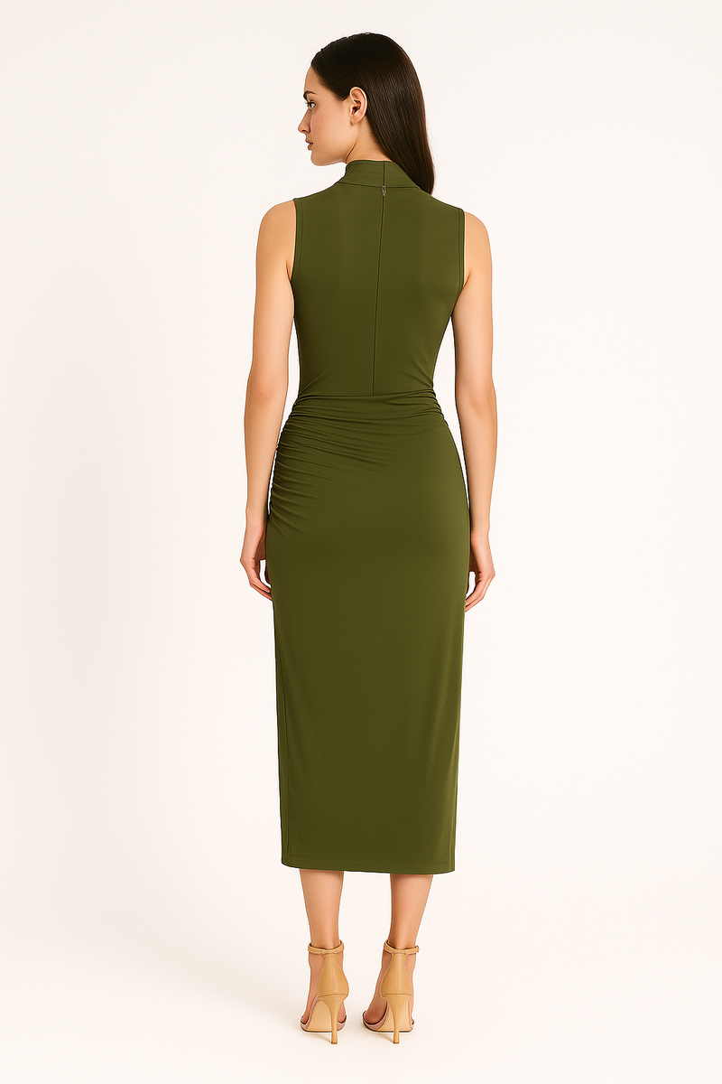 Ruched Slim Fit Jersey Sleeveless Midi Dress