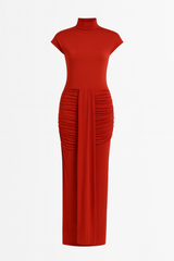 Cap Sleeve Jersey Ruched Waist Maxi Style Evening Gown