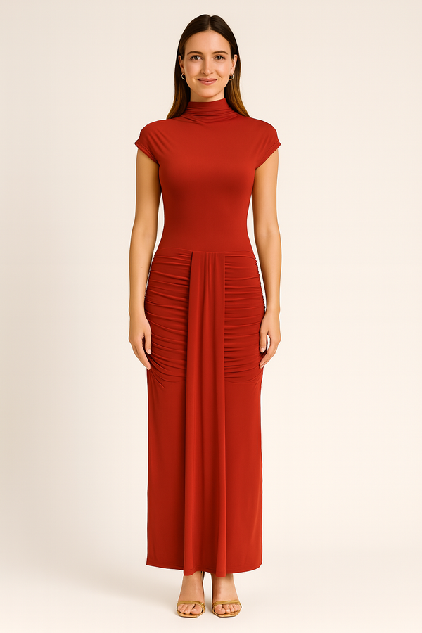Cap Sleeve Jersey Ruched Waist Maxi Style Evening Gown