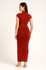 Cap Sleeve Jersey Ruched Waist Maxi Style Evening Gown
