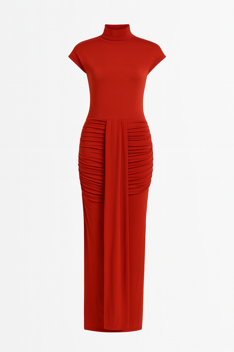 Cap Sleeve Jersey Ruched Waist Maxi Style Evening Gown