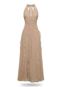 Nude Halter Neck Ruffle Flowy Maxi Dress