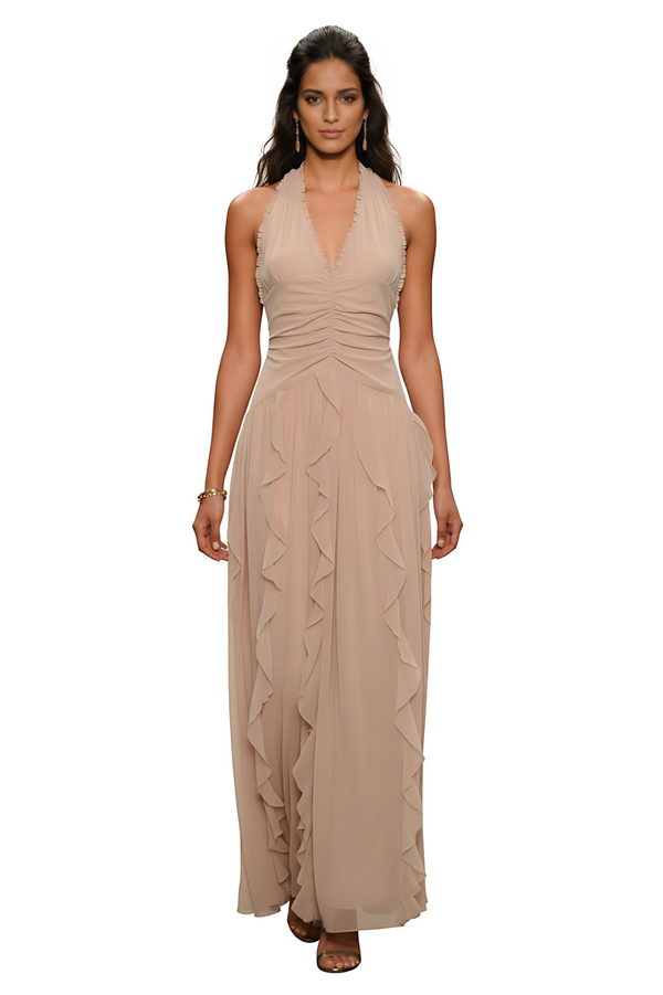 Nude Halter Neck Ruffle Flowy Maxi Dress