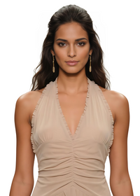 Nude Halter Neck Ruffle Flowy Maxi Dress