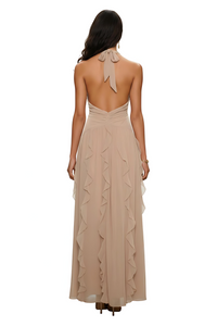 Nude Halter Neck Ruffle Flowy Maxi Dress