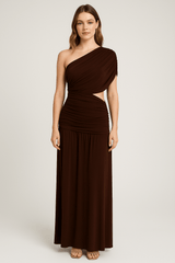 One Shoulder Draping Detailed Side Cut Out Maxi Dress