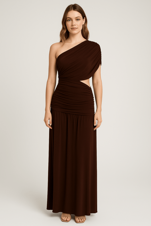 One Shoulder Draping Detailed Side Cut Out Maxi Dress