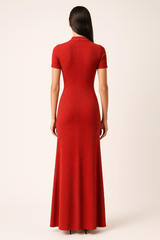 Keyhole Detailed Sparkly Slim Fit High Neckline Maxi Dress