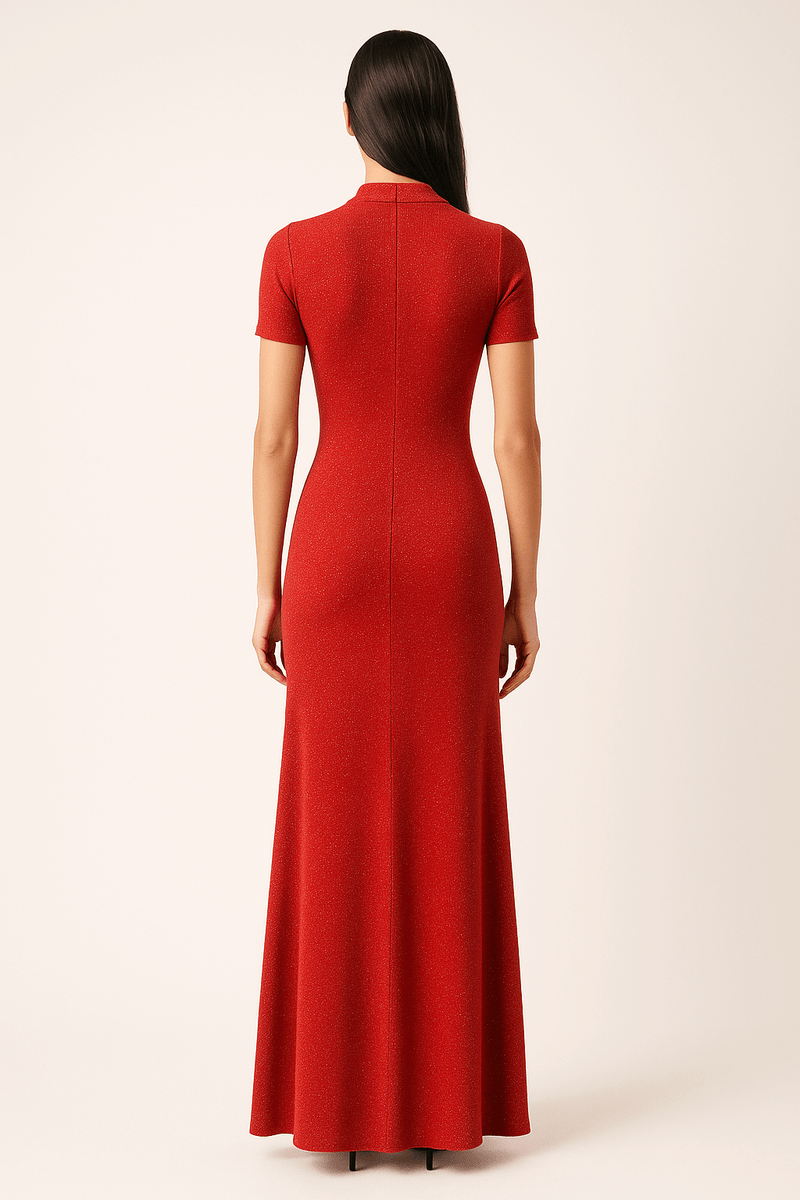 Keyhole Detailed Sparkly Slim Fit High Neckline Maxi Dress