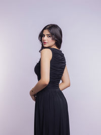 Black Draped Bodice Jersey Flowy Skirt Style Evening Dress