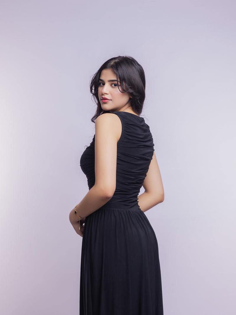 Black Draped Bodice Jersey Flowy Skirt Style Evening Dress