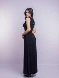 Black Draped Bodice Jersey Flowy Skirt Style Evening Dress