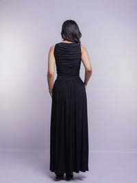 Black Draped Bodice Jersey Flowy Skirt Style Evening Dress