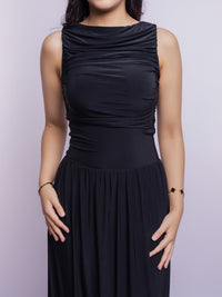 Black Draped Bodice Jersey Flowy Skirt Style Evening Dress