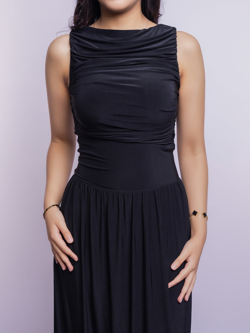 Black Draped Bodice Jersey Flowy Skirt Style Evening Dress