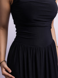 Black Draped Bodice Jersey Flowy Skirt Style Evening Dress
