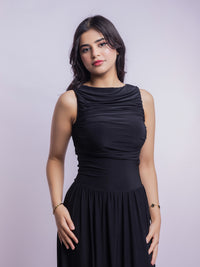 Black Draped Bodice Jersey Flowy Skirt Style Evening Dress