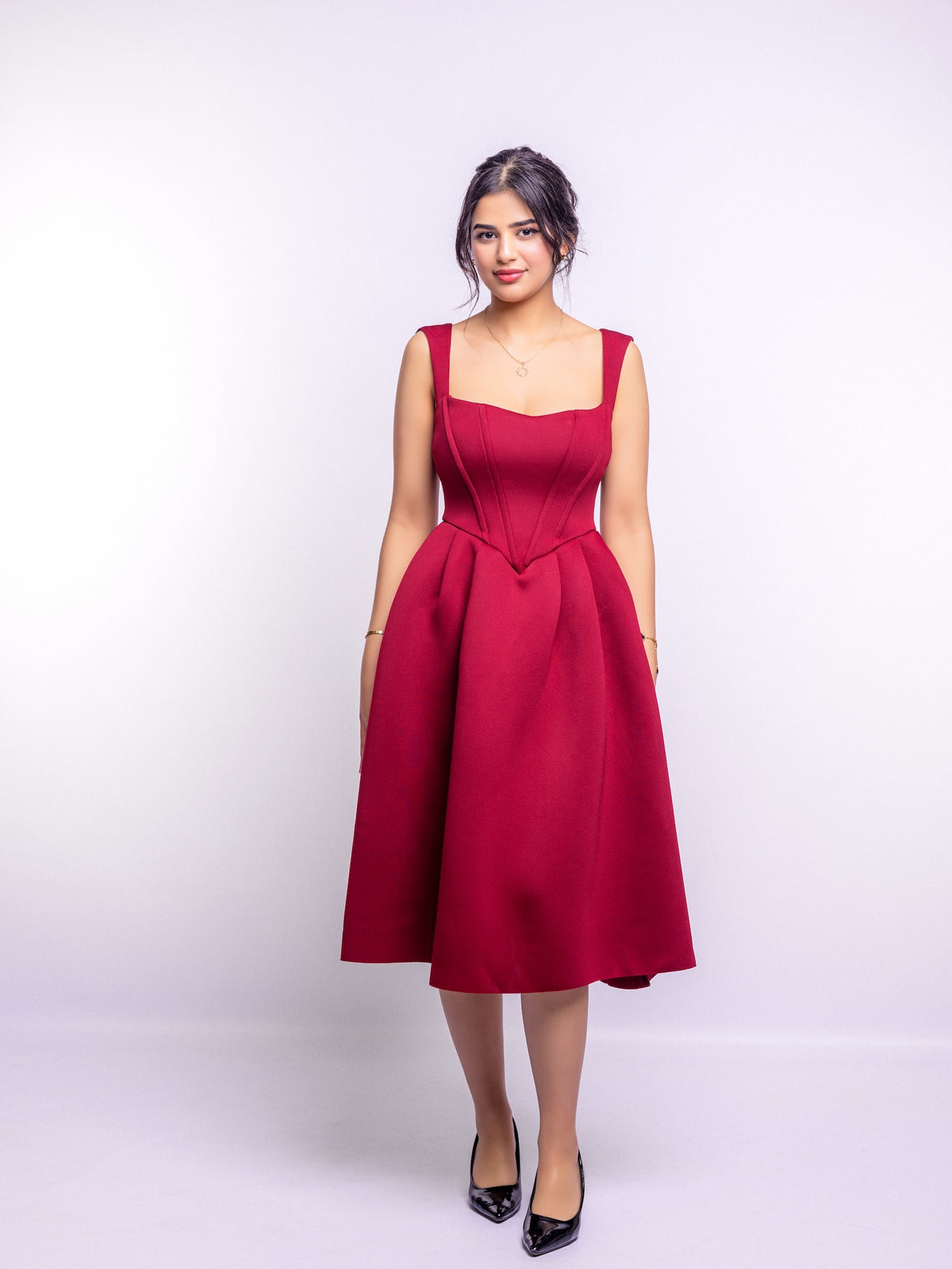 Red Embellished Deep V Flare Dress – Luxe Midi Edition