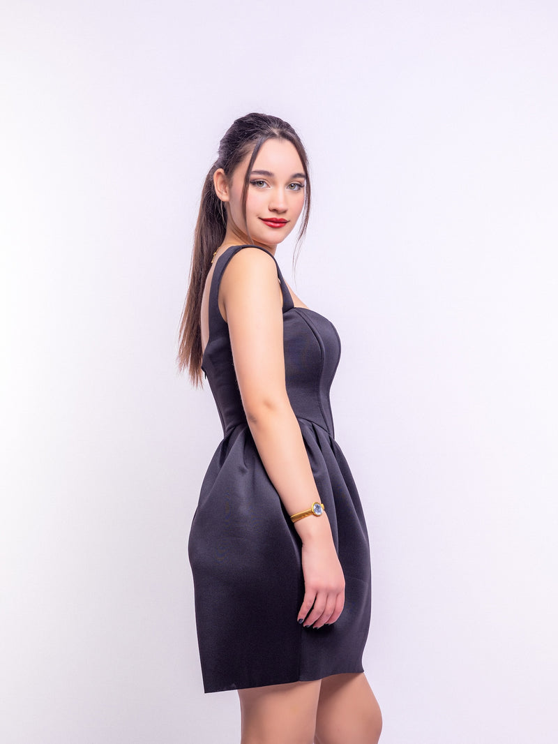 Black Square Neck Corset Fit & Flared Mini Dress