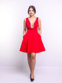 Red Embellished Deep V-Neck Flare Dress – Luxe Mini Edition