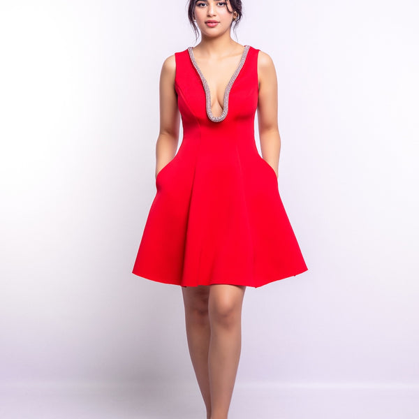 Avinci | Red Embellished Deep V-Neck Flare Mini Dress