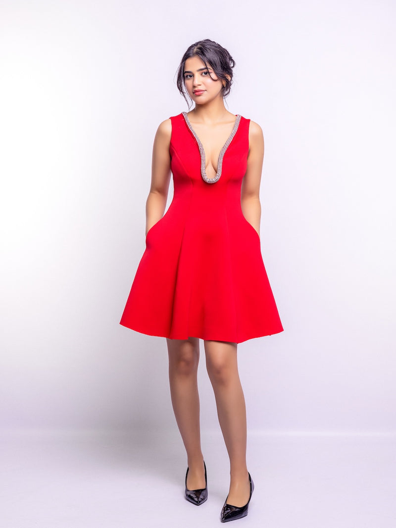 Red Embellished Deep V-Neck Flare Dress – Luxe Mini Edition