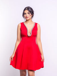 Red Embellished Deep V-Neck Flare Dress – Luxe Mini Edition