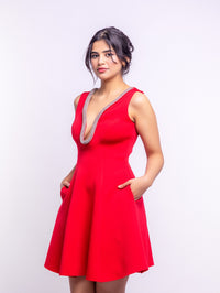 Red Embellished Deep V-Neck Flare Dress – Luxe Mini Edition