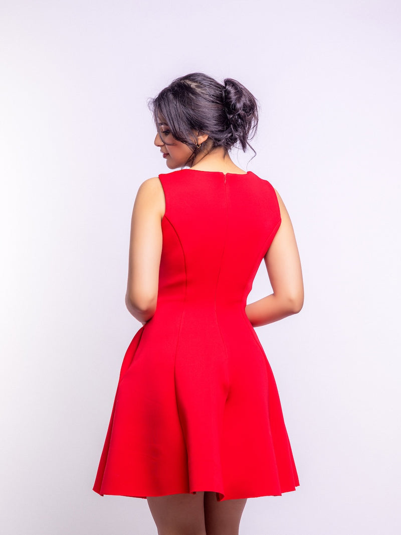 Red Embellished Deep V-Neck Flare Dress – Luxe Mini Edition
