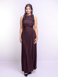 Brown Draped Bodice Jersey Flowy Skirt Style Evening Dress