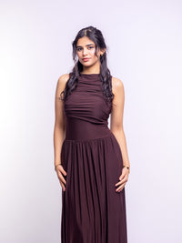 Brown Draped Bodice Jersey Flowy Skirt Style Evening Dress