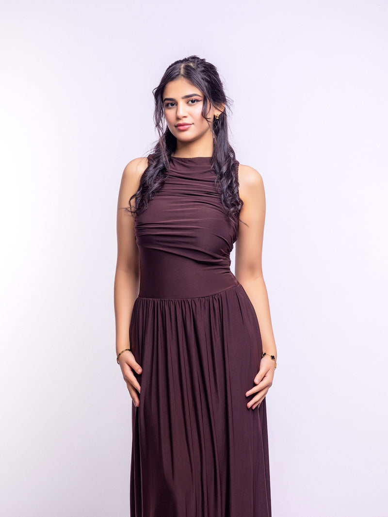 Brown Draped Bodice Jersey Flowy Skirt Style Evening Dress