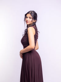Brown Draped Bodice Jersey Flowy Skirt Style Evening Dress