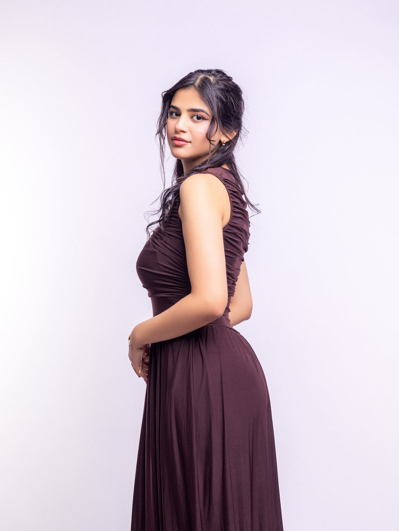 Brown Draped Bodice Jersey Flowy Skirt Style Evening Dress