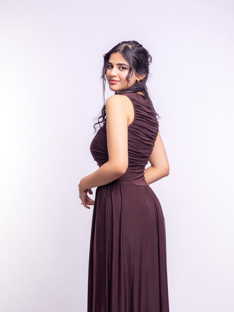Brown Draped Bodice Jersey Flowy Skirt Style Evening Dress
