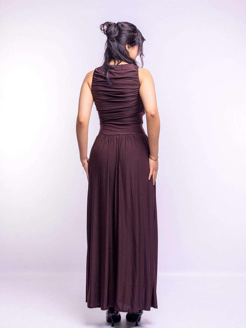 Brown Draped Bodice Jersey Flowy Skirt Style Evening Dress