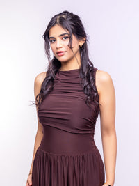 Brown Draped Bodice Jersey Flowy Skirt Style Evening Dress