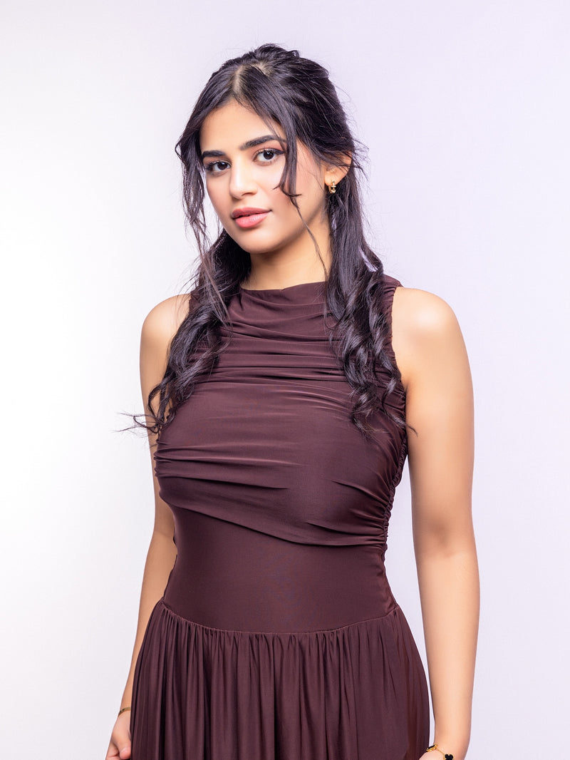Brown Draped Bodice Jersey Flowy Skirt Style Evening Dress