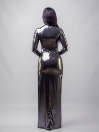 Black Gold Venechia Foil Deep Tail Gathered Maxi Dress