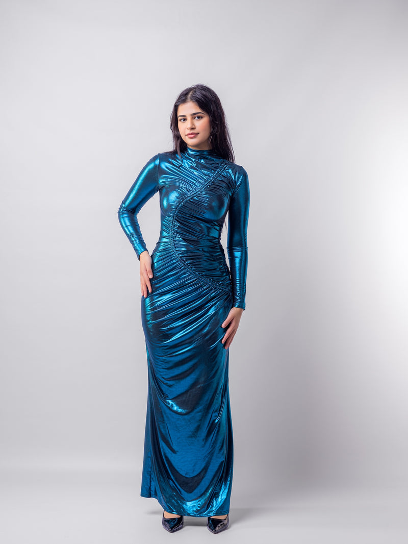 Black Petrol Venechia Foil Deep Tail Gathered Maxi Dress