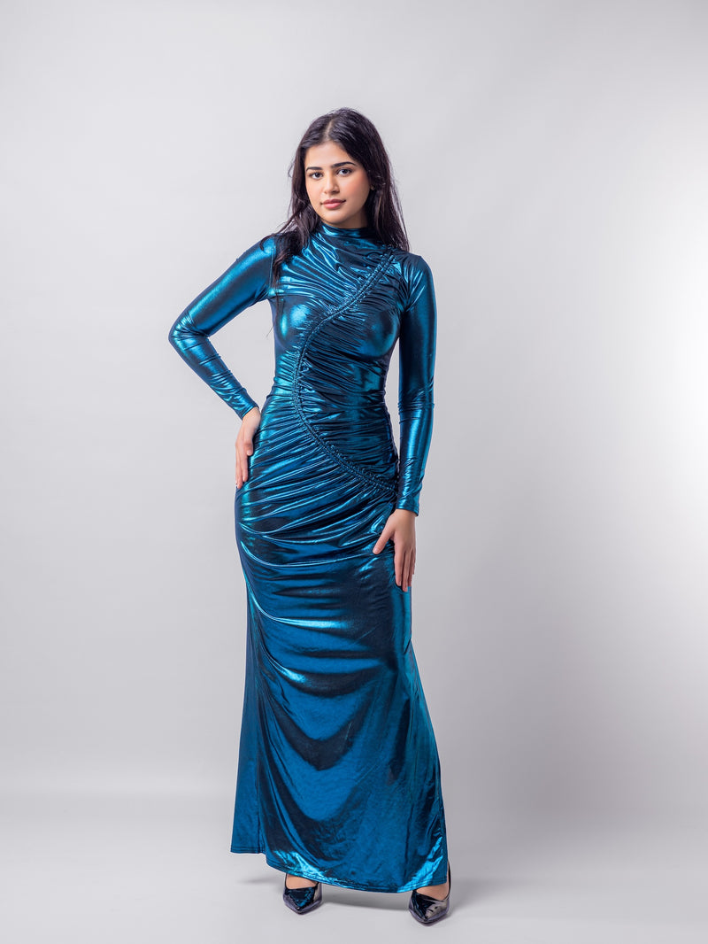 Black Petrol Venechia Foil Deep Tail Gathered Maxi Dress