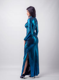 Black Petrol Venechia Foil Deep Tail Gathered Maxi Dress