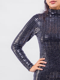 Silver Stripped Nylon Metallic Sequin Long Sleeve Bodycon Mini Dress
