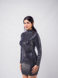 Silver Stripped Nylon Metallic Sequin Long Sleeve Bodycon Mini Dress