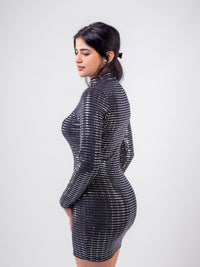 Silver Stripped Nylon Metallic Sequin Long Sleeve Bodycon Mini Dress