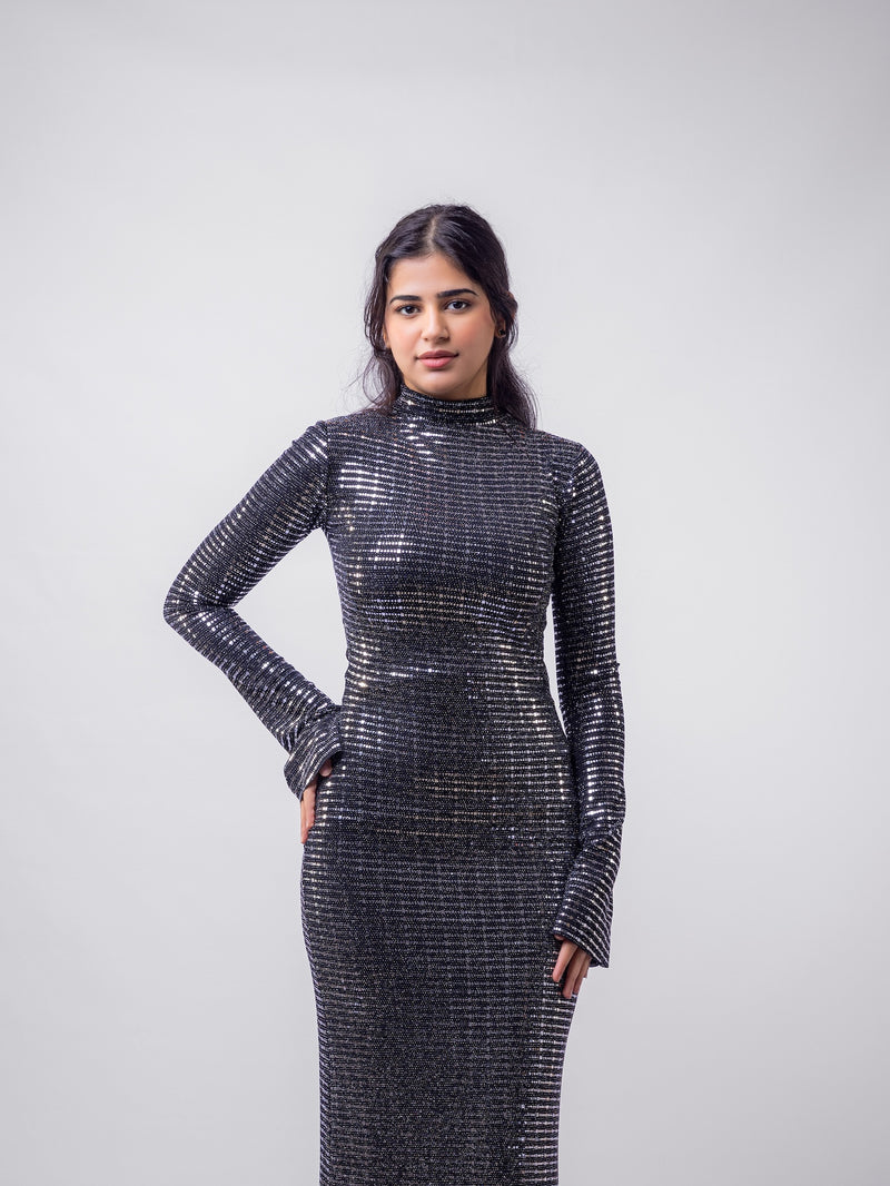 Silver Stripped Nylon Metallic Sequin Long Sleeve Bodycon Maxi Dress